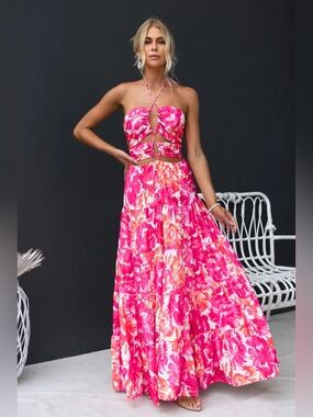 Hello Molly Pink Floral Halter Maxi Dress
